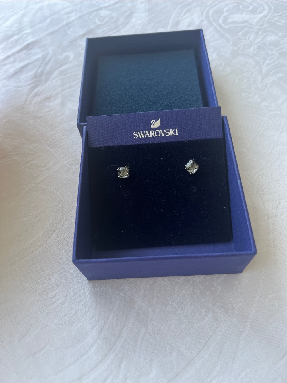 Swarovski Silver-Tone smoky color Square Crystal Stud Earrings